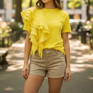 #A121   Nancy Vibrant Yellow asymmetrical Organza Ruffle sleeve top  NWT  L